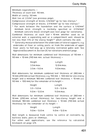 Minimum requirements ~
Thickness of each leaf, 90 mm.
Width of cavity, 50 mm.
Wall ties at 2.5/m2
(see previous page).
Compressive strength of bricks, 6 N/mm2
up to two storeys.*
Compressive strength of blocks, 2.9 N/mm2
up to two storeys.*
* For work between the foundation and the surface a 6 N/mm2
minimum brick strength is normally specified or 2.9 N/mm2
minimum concrete block strength (see next page for variations).
Combined thickness of each leaf + 10 mm whether used as an
external wall, a separating wall or a compartment wall, should be
not less than 1/16 of the storey height** which contains the wall.
** Generally measured between the undersides of lateral supports, e.g.
undersides of floor or ceiling joists, or from the underside of upper
floor joists to half-way up a laterally restrained gable wall. See
Approved Document A, Section 2C for variations and next page.
Wall dimensions for minimum combined leaf thicknesses of 90 mm +
90 mm + 10 mm (190 mm min. actual thickness) ~
Wall dimensions for minimum combined leaf thickness of 280 mm +
10 mm (290 mm actual thickness), e.g. 190 mm + 100 mm for one storey
height and a minimum 180 mm combined leaf thickness + 10 mm (i.e.
90 mm + 100 mm) for the remainder of its height ~
Wall dimensions for minimum combined leaf thickness of 280 mm +
10 mm (290 mm actual thickness) for two-storey height and a
minimum 180 mm combined leaf thickness + 10 mm (190 mm actual
thickness) for the remainder of its height ~
Wall length is measured from centre to centre of restraints by
buttress walls, piers or chimneys.
For other wall applications, see the reference to calculated
brickwork on page 419.
Height Length
3.5 m max. 12.0 m max.
3.5 m † 9.0 m 9.0 m max.
Height Length
3.5 † 9.0 m 9.0 † 12.0 m
9.0 m † 12.0 m 9.0 m max.
Height Length
9.0 m † 12.0 m 9.0 m † 12.0 m
401
Cavity Walls
 
