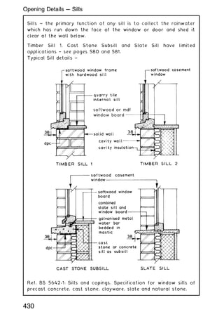 Sills ~ the primary function of any sill is to collect the rainwater
which has run down the face of the window or door and shed it
clear of the wall below.
Timber Sill 1, Cast Stone Subsill and Slate Sill have limited
applications † see pages 580 and 581.
Typical Sill details ~
Ref. BS 5642-1: Sills and copings. Specification for window sills of
precast concrete, cast stone, clayware, slate and natural stone.
430
Opening Details --- Sills
 