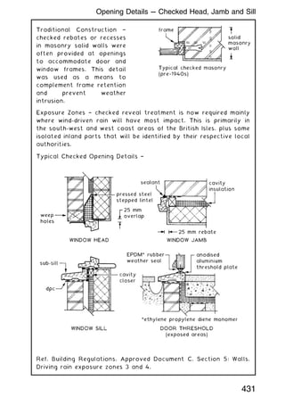 Traditional Construction †
checked rebates or recesses
in masonry solid walls were
often provided at openings
to accommodate door and
window frames. This detail
was used as a means to
complement frame retention
and prevent weather
intrusion.
Exposure Zones † checked reveal treatment is now required mainly
where wind-driven rain will have most impact. This is primarily in
the south-west and west coast areas of the British Isles, plus some
isolated inland parts that will be identified by their respective local
authorities.
Typical Checked Opening Details †
Ref. Building Regulations, Approved Document C. Section 5: Walls.
Driving rain exposure zones 3 and 4.
431
Opening Details --- Checked Head, Jamb and Sill
 