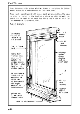 Pivot Windows ~ like other windows these are available in timber,
metal, plastic or in combinations of these materials.
They can be constructed with centre jamb pivots enabling the sash
to pivot or rotate in the horizontal plane or alternatively the
pivots can be fixed in the head and sill of the frame so that the
sash rotates in the vertical plane.
444
Pivot Windows
 