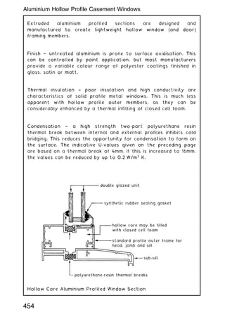 Extruded aluminium profiled sections are designed and
manufactured to create lightweight hollow window (and door)
framing members.
Finish † untreated aluminium is prone to surface oxidisation. This
can be controlled by paint application, but most manufacturers
provide a variable colour range of polyester coatings finished in
gloss, satin or matt.
Thermal insulation † poor insulation and high conductivity are
characteristics of solid profile metal windows. This is much less
apparent with hollow profile outer members, as they can be
considerably enhanced by a thermal infilling of closed cell foam.
Condensation † a high strength two-part polyurethane resin
thermal break between internal and external profiles inhibits cold
bridging. This reduces the opportunity for condensation to form on
the surface. The indicative U-values given on the preceding page
are based on a thermal break of 4mm. If this is increased to 16mm,
the values can be reduced by up to 0.2 W/m2
K.
Hollow Core Aluminium Profiled Window Section
454
Aluminium Hollow Profile Casement Windows
 
