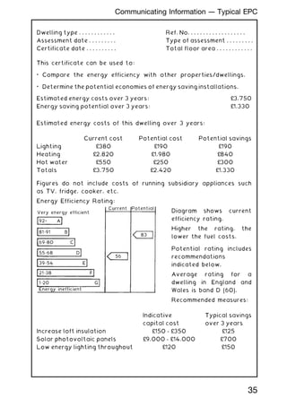 This certificate can be used to:
• Compare the energy efficiency with other properties/dwellings.
• Determine the potential economies of energy saving installations.
Estimated energy costs over 3 years: £3,750
Energy saving potential over 3 years: £1,330
Estimated energy costs of this dwelling over 3 years:
Current cost Potential cost Potential savings
Lighting £380 £190 £190
Heating £2,820 £1,980 £840
Hot water £550 £250 £300
Totals £3,750 £2,420 £1,330
Figures do not include costs of running subsidiary appliances such
as TV, fridge, cooker, etc.
Energy Efficiency Rating:
Diagram shows current
efficiency rating.
Higher the rating, the
lower the fuel costs.
Potential rating includes
recommendations
indicated below.
Average rating for a
dwelling in England and
Wales is band D (60).
Recommended measures:
Indicative
capital cost
Typical savings
over 3 years
Increase loft insulation £150 - £350 £125
Solar photovoltaic panels £9,000 - £14,000 £700
Low energy lighting throughout £120 £150
Dwelling type . . . . . . . . . . . . Ref. No. . . . . . . . . . . . . . . . . . .
Assessment date . . . . . . . . . Type of assessment . . . . . . . . .
Certificate date . . . . . . . . . . Total floor area . . . . . . . . . . . .
Current Potential
83
56
Very energy efficient
92+ A
81−91 B
69−80 C
55−68 D
39−54 E
21−38 F
1−20
Energy inefficient
G
35
Communicating Information --- Typical EPC
 