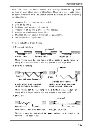 Industrial Doors ~ these doors are usually classified by their
method of operation and construction. There is a very wide range
of doors available and the choice should be based on the following
considerations:
1 . Movement † vertical or horizontal.
2. Size of opening.
3. Position and purpose of door(s).
4. Frequency of opening and closing door(s).
5. Manual or mechanical operation.
6. Thermal and/or sound insulation requirements.
7. Fire resistance requirements.
467
Industrial Doors
 