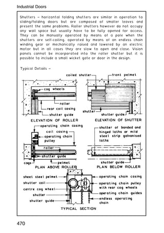 Shutters ~ horizontal folding shutters are similar in operation to
sliding/folding doors but are composed of smaller leaves and
present the same problems. Roller shutters however do not occupy
any wall space but usually have to be fully opened for access.
They can be manually operated by means of a pole when the
shutters are self-coiling, operated by means of an endless chain
winding gear or mechanically raised and lowered by an electric
motor but in all cases they are slow to open and close. Vision
panels cannot be incorporated into the roller shutter but it is
possible to include a small wicket gate or door in the design.
470
Industrial Doors
 