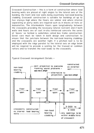 Crosswall Construction ~ this is a form of construction where load
bearing walls are placed at right angles to the lateral axis of the
building, the front and rear walls being essentially non-load bearing
cladding. Crosswall construction is suitable for buildings of up to
five storeys high where the floors are similar and where internal
separating or party walls are required such as in blocks of flats or
maisonettes. The intermediate floors span longitudinally between
the crosswalls providing the necessary lateral restraint and if both
walls and floors are of cast in-situ reinforced concrete the series
of `boxes' so formed is sometimes called box frame construction.
Great care must be taken in both design and construction to
ensure that the junctions between the non-load bearing claddings
and the crosswalls are weather tight. If a pitched roof is to be
employed with the ridge parallel to the lateral axis an edge beam
will be required to provide a seating for the trussed or common
rafters and to transmit the roof loads to the crosswalls.
471
Crosswall Construction
 