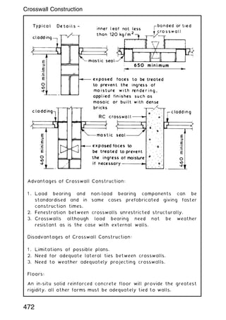Advantages of Crosswall Construction:
1 . Load bearing and non-load bearing components can be
standardised and in same cases prefabricated giving faster
construction times.
2. Fenestration between crosswalls unrestricted structurally.
3. Crosswalls although load bearing need not be weather
resistant as is the case with external walls.
Disadvantages of Crosswall Construction:
1 . Limitations of possible plans.
2. Need for adequate lateral ties between crosswalls.
3. Need to weather adequately projecting crosswalls.
Floors:
An in-situ solid reinforced concrete floor will provide the greatest
rigidity, all other forms must be adequately tied to walls.
472
Crosswall Construction
 