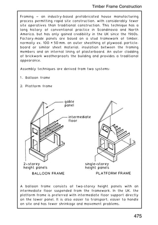 Framing ~ an industry-based prefabricated house manufacturing
process permitting rapid site construction, with considerably fewer
site operatives than traditional construction. This technique has a
long history of conventional practice in Scandinavia and North
America, but has only gained credibility in the UK since the 1960s.
Factory-made panels are based on a stud framework of timber,
normally ex. 100 × 50 mm, an outer sheathing of plywood, particle-
board or similar sheet material, insulation between the framing
members and an internal lining of plasterboard. An outer cladding
of brickwork weatherproofs the building and provides a traditional
appearance.
Assembly techniques are derived from two systems:
1 . Balloon frame
2. Platform frame
A balloon frame consists of two-storey height panels with an
intermediate floor suspended from the framework. In the UK, the
platform frame is preferred with intermediate floor support directly
on the lower panel. It is also easier to transport, easier to handle
on site and has fewer shrinkage and movement problems.
475
Timber Frame Construction
 