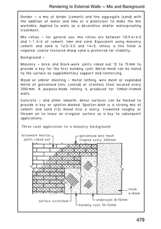 Render ~ a mix of binder (cement) and fine aggregate (sand) with
the addition of water and lime or a plasticiser to make the mix
workable. Applied to walls as a decorative and/or waterproofing
treatment.
Mix ratios ~ for general use, mix ratios are between 1:0.5:4†4.5
and 1 : 1 : 5†6 of cement, lime and sand. Equivalent using masonry
cement and sand is 1:2.5†3.5 and 1:4†5. Unless a fine finish is
required, coarse textured sharp sand is preferred for stability.
Background ~
Masonry † brick and block-work joints raked out 12 to 15 mm to
provide a key for the first bonding coat. Metal mesh can be nailed
to the surface as supplementary support and reinforcing.
Wood or similar sheeting † metal lathing, wire mesh or expanded
metal of galvanised (zinc coated) or stainless steel secured every
300 mm. A purpose-made lathing is produced for timber-framed
walls.
Concrete † and other smooth, dense surfaces can be hacked to
provide a key or spatter-dashed. Spatter-dash is a strong mix of
cement and sand (1:2) mixed into a slurry, trowelled roughly or
thrown on to leave an irregular surface as a key to subsequent
applications.
Three coat application to a masonry background
brickwork mortar
joints raked out
galvanised wire mesh
stapled every 300mm
finish
6†8mm
undercoat 8†10mm
bonding coat 10†12mm
surface scratched
479
Rendering to External Walls --- Mix and Background
 