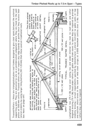 Trussed
Rafters
~
these
are
triangulated
plane
roof
frames
designed
to
give
clear
spans
between
the
external
supporting
walls.
They
are
delivered
to
site
as
a
prefabricated
component
where
they
are
fixed
to
the
wall
plates
at
600
mm
centres.
Trussed
rafters
do
not
require
any
ridge
boards
or
purlins
since
they
receive
their
lateral
stability
by
using
larger
tiling
battens
(50
×
25
mm)
than
those
used
on
traditional
roofs.
See
`Note'
on
page
497.
Longitudinal
ties
(75
×
38)
fixed
over
ceiling
ties
and
under
internal
ties
near
to
roof
apex
and
rafter
diagonal
bracing
(75
×
38)
fixed
under
rafters
at
gable
ends
from
eaves
to
apex
may
be
required
to
provide
stability
bracing
†
actual
requirements
specified
by
manufacturer.
Lateral
restraint
to
gable
walls
at
top
and
bottom
chord
levels
in
the
form
of
mild
steel
straps
at
2„000
maximum
centres
over
2
No.
trussed
rafters
may
also
be
required.
499
Timber Pitched Roofs up to 7.5 m Span -- Types
 