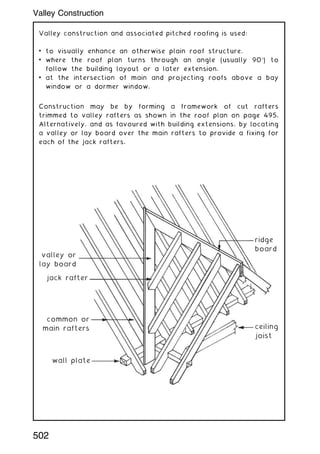 Valley construction and associated pitched roofing is used:
• to visually enhance an otherwise plain roof structure.
• where the roof plan turns through an angle (usually 90) to
follow the building layout or a later extension.
• at the intersection of main and projecting roofs above a bay
window or a dormer window.
Construction may be by forming a framework of cut rafters
trimmed to valley rafters as shown in the roof plan on page 495.
Alternatively, and as favoured with building extensions, by locating
a valley or lay board over the main rafters to provide a fixing for
each of the jack rafters.
valley or
lay board
jack rafter
common or
main rafters
wall plate
ceiling
joist
ridge
board
502
Valley Construction
 
