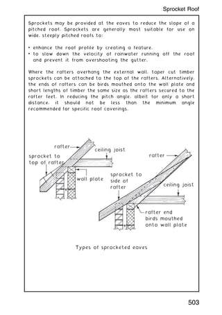 Sprockets may be provided at the eaves to reduce the slope of a
pitched roof. Sprockets are generally most suitable for use on
wide, steeply pitched roofs to:
• enhance the roof profile by creating a feature.
• to slow down the velocity of rainwater running off the roof
and prevent it from overshooting the gutter.
Where the rafters overhang the external wall, taper cut timber
sprockets can be attached to the top of the rafters. Alternatively,
the ends of rafters can be birds mouthed onto the wall plate and
short lengths of timber the same size as the rafters secured to the
rafter feet. In reducing the pitch angle, albeit for only a short
distance, it should not be less than the minimum angle
recommended for specific roof coverings.
Types of sprocketed eaves
rafter
rafter
ceiling joist
ceiling joist
rafter end
birds mouthed
onto wall plate
wall plate
sprocket to
top of rafter
sprocket to
side of
rafter
503
Sprocket Roof
 