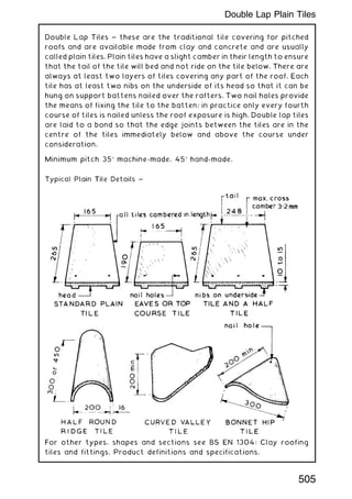 Double Lap Tiles ~ these are the traditional tile covering for pitched
roofs and are available made from clay and concrete and are usually
called plain tiles. Plain tiles have a slight camber in their length to ensure
that the tail of the tile will bed and not ride on the tile below. There are
always at least two layers of tiles covering any part of the roof. Each
tile has at least two nibs on the underside of its head so that it can be
hung on support battens nailed over the rafters. Two nail holes provide
the means of fixing the tile to the batten; in practice only every fourth
course of tiles is nailed unless the roof exposure is high. Double lap tiles
are laid to a bond so that the edge joints between the tiles are in the
centre of the tiles immediately below and above the course under
consideration.
Minimum pitch 35 machine-made, 45 hand-made.
For other types, shapes and sections see BS EN 1304: Clay roofing
tiles and fittings. Product definitions and specifications.
505
Double Lap Plain Tiles
 