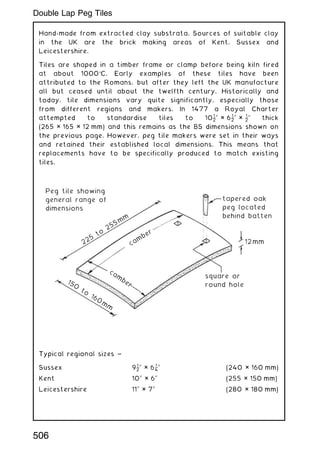 Hand-made from extracted clay substrata. Sources of suitable clay
in the UK are the brick making areas of Kent, Sussex and
Leicestershire.
Tiles are shaped in a timber frame or clamp before being kiln fired
at about 1000C. Early examples of these tiles have been
attributed to the Romans, but after they left the UK manufacture
all but ceased until about the twelfth century. Historically and
today, tile dimensions vary quite significantly, especially those
from different regions and makers. In 1477 a Royal Charter
attempted to standardise tiles to 101
2
00
× 61
2
00
× 1
2
00
thick
(265 × 165 × 12 mm) and this remains as the BS dimensions shown on
the previous page. However, peg tile makers were set in their ways
and retained their established local dimensions. This means that
replacements have to be specifically produced to match existing
tiles.
Peg tile showing
general range of
dimensions
square or
round hole
12 mm
tapered oak
peg located
behind batten
cam
ber
ca
m
ber
150
to
160
m
m
225
to
255
m
m
Typical regional sizes ~
Sussex 91
2
00
× 6 1
4
00
(240 × 160 mm)
Kent 1000
× 600
(255 × 150 mm)
Leicestershire 1100
× 700
(280 × 180 mm)
506
Double Lap Peg Tiles
 