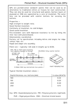 SIPs are prefabricated `sandwich' panels that can be used as an
alternative to traditional rafters or trusses for roof construction.
They can also be used for structural wall panels. Surface layers of
plywood or OSB are separated by a core of insulation. The outer
face can be provided with counter battens for securing tile
battens.
Properties ~
High strength to weight ratio.
Good thermal insulation.
Continuity of insulation, no cold bridges.
Good sound insulation.
Fire-retardant core with improved resistance to fire by lining the
inner face with plasterboard.
Dimensionally coordinated.
Factory cut to specification, including mitres and angles for ridge,
valleys, hips, etc.
Rapid and simple site assembly.
Panel size ~ typically 1.2m wide in lengths up to 8.0m.
Typical thermal insulation values ~
Key: EPS † Expanded polystyrene. PIR † Polyisocyanurate, rigid foam.
PUR † Rigid polyurethane. OSB † Oriented strand board.
EPS, PIR or PUR foam insulating
core adhesive bonded to facings
airtight side
abutments
30x30mm tiling counter batten
45 x 18mm
structural ribs
12-18mm OSB top and bottom face panels
1200mm
PART PERSPECTIVE
CROSS-
SECTION
Depth/thickness, exc. battens (mm) U-value (W/m2
K)
100 0.35
150 0.25
200 0.20
250 0.15
511
Pitched Roof --- Structural Insulated Panels (SIPs)
 