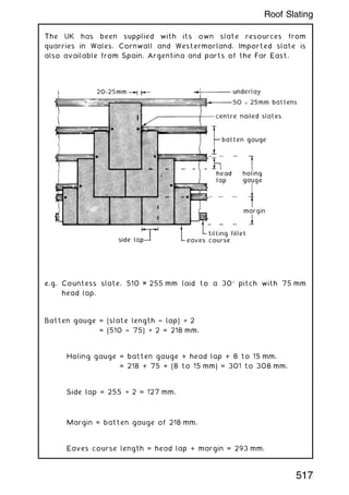 The UK has been supplied with its own slate resources from
quarries in Wales, Cornwall and Westermorland. Imported slate is
also available from Spain, Argentina and parts of the Far East.
e.g. Countess slate, 510 × 255 mm laid to a 30 pitch with 75 mm
head lap.
Batten gauge = (slate length † lap) ÷ 2
= (510 † 75) ÷ 2 = 218 mm.
Holing gauge = batten gauge + head lap + 8 to 15 mm,
= 218 + 75 + (8 to 15 mm) = 301 to 308 mm.
Side lap = 255 ÷ 2 = 127 mm.
Margin = batten gauge of 218 mm.
Eaves course length = head lap + margin = 293 mm.
517
Roof Slating
 