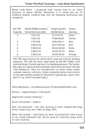 Milled Lead Sheet ~ produced from refined lead to an initial
thickness of about 125 mm. Thereafter it is rolled and cut to
12.000 m lengths, 2.400 m wide into the following thicknesses and
categories:
Other dimensions ~ cut widths between 75 mm and 600 mm in coils.
Density ~ approximately 11,325 kg/m3
.
Application (colour marking) ~
Green and yellow † soakers.
Blue, red and black † flat roof covering in small, medium and large
areas respectively (see table on page 534).
White and orange † lead lining to walls as protection from X-rays
or for sound insulation, but can be used for relatively large areas
of roof covering.
BS 1178* BS EN 12588/standard Weight (kg/m2
) Colour
Code No. milled thickness (mm) BS EN/milled marking
3 1.25/1.32 14.17/14.97 Green
- 1.50/1.59 17.00/18.03 Yellow
4 1.75/1.80 19.84/20.41 Blue
5 2.00/2.24 22.67/25.40 Red
6 2.50/2.65 28.34/30.05 Black
7 3.00/3.15 34.02/35.72 White
8 3.50/3.55 39.69/40.26 Orange
*BS 1178: Specification for milled sheet lead and strip for building
purposes. This BS has been superseded by BS EN 12588: Lead
and lead alloys. Rolled lead sheet for building purposes. The former
BS codes are replaced with lead sheet thicknesses between 1.25 and
3.50 millimetres. They are included here, as these codes remain
common industry reference. Codes originated before metrication
as the approximate weight of lead sheet in pounds per square foot
(lb/ft2
), e.g. 3 lb/ft2
became Code 3.
531
Timber Flat Roof Coverings -- Lead Sheet Specification
 
