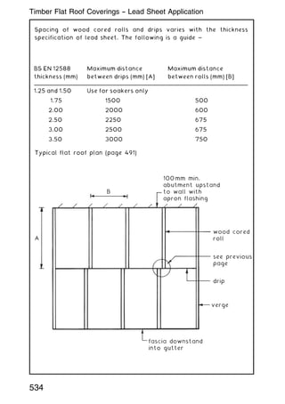 Spacing of wood cored rolls and drips varies with the thickness
specification of lead sheet. The following is a guide ~
Typical flat roof plan (page 491)
100mm min.
abutment upstand
to wall with
apron flashing
wood cored
roll
see previous
page
drip
verge
fascia downstand
into gutter
B
A
BS EN 12588
thickness (mm)
Maximum distance
between drips (mm) [A]
Maximum distance
between rolls (mm) [B]
1.25 and 1.50 Use for soakers only
1.75 1500 500
2.00 2000 600
2.50 2250 675
3.00 2500 675
3.50 3000 750
534
Timber Flat Roof Coverings -- Lead Sheet Application
 