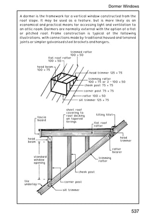A dormer is the framework for a vertical window constructed from the
roof slope. It may be used as a feature, but is more likely as an
economical and practical means for accessing light and ventilation to
an attic room. Dormers are normally external with the option of a flat
or pitched roof. Frame construction is typical of the following
illustrations, with connections made by traditional housed and tenoned
joints or simpler galvanised steel brackets and hangers.
537
Dormer Windows
 