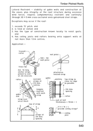 Lateral Restraint † stability of gable walls and construction at
the eaves, plus integrity of the roof structure during excessive
wind forces, requires complementary restraint and continuity
through 30 × 5 mm cross-sectional area galvanised steel straps.
Exceptions may occur if the roof:
1. exceeds 15 pitch, and
2. is tiled or slated, and
3. has the type of construction known locally to resist gusts,
and
4. has ceiling joists and rafters bearing onto support walls at
not more than 12 m centres.
Application ~
543
Timber Pitched Roofs
 