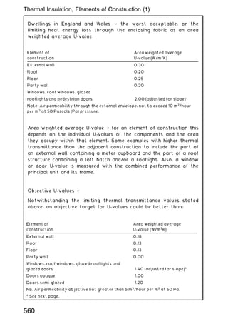 Dwellings in England and Wales ~ the worst acceptable, or the
limiting heat energy loss through the enclosing fabric as an area
weighted average U-value:
Area weighted average U-value ~ for an element of construction this
depends on the individual U-values of the components and the area
they occupy within that element. Some examples with higher thermal
transmittance than the adjacent construction to include the part of
an external wall containing a meter cupboard and the part of a roof
structure containing a loft hatch and/or a rooflight. Also, a window
or door U-value is measured with the combined performance of the
principal unit and its frame.
Objective U-values ~
Notwithstanding the limiting thermal transmittance values stated
above, an objective target for U-values could be better than:
Element of
construction
Area weighted average
U-value (W/m2
K)
External wall 0.18
Roof 0.13
Floor 0.13
Party wall 0.00
Windows, roof windows, glazed rooflights and
glazed doors 1.40 (adjusted for slope)*
Doors opaque 1.00
Doors semi-glazed 1.20
NB. Air permeability objective not greater than 5 m3
/hour per m2
at 50 Pa.
* See next page.
Element of
construction
Area weighted average
U-value (W/m2
K)
External wall 0.30
Roof 0.20
Floor 0.25
Party wall 0.20
Windows, roof windows, glazed
rooflights and pedestrian doors 2.00 (adjusted for slope)*
Note: Air permeability through the external envelope, not to exceed 10 m3
/hour
per m2
at 50 Pascals (Pa) pressure.
560
Thermal Insulation, Elements of Construction (1)
 
