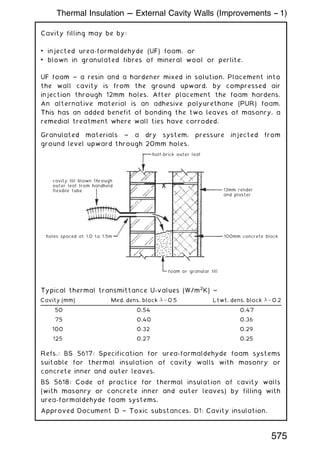 Cavity filling may be by:
• injected urea-formaldehyde (UF) foam, or
• blown in granulated fibres of mineral wool or perlite.
UF foam ~ a resin and a hardener mixed in solution. Placement into
the wall cavity is from the ground upward, by compressed air
injection through 12mm holes. After placement the foam hardens.
An alternative material is an adhesive polyurethane (PUR) foam.
This has an added benefit of bonding the two leaves of masonry, a
remedial treatment where wall ties have corroded.
Granulated materials ~ a dry system, pressure injected from
ground level upward through 20mm holes.
Typical thermal transmittance U-values (W/m2
K) ~
Refs.: BS 5617: Specification for urea-formaldehyde foam systems
suitable for thermal insulation of cavity walls with masonry or
concrete inner and outer leaves.
BS 5618: Code of practice for thermal insulation of cavity walls
(with masonry or concrete inner and outer leaves) by filling with
urea-formaldehyde foam systems.
Approved Document D † Toxic substances, D1: Cavity insulation.
half-brick outer leaf
cavity fill blown through
outer leaf from handheld
flexible tube 13mm render
and plaster
100mm concrete block
foam or granular fill
holes spaced at 1.0 to 1.5m
Cavity (mm) Med. dens. block  ¼ 0:5 Ltwt. dens. block  ¼ 0:2
50 0.54 0.47
75 0.40 0.36
100 0.32 0.29
125 0.27 0.25
Thermal Insulation --- External Cavity Walls (Improvements -- 1)
575
 