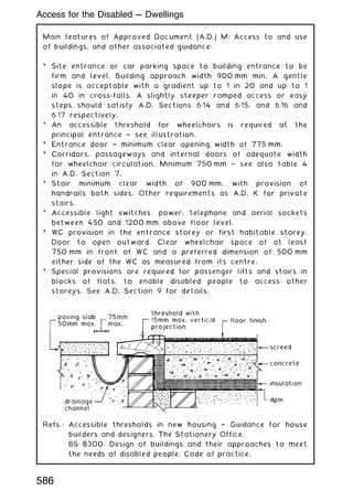 Main features of Approved Document (A.D.) M: Access to and use
of buildings, and other associated guidance:
* Site entrance or car parking space to building entrance to be
firm and level. Building approach width 900 mm min. A gentle
slope is acceptable with a gradient up to 1 in 20 and up to 1
in 40 in cross-falls. A slightly steeper ramped access or easy
steps should satisfy A.D. Sections 614 and 615, and 616 and
617 respectively.
* An accessible threshold for wheelchairs is required at the
principal entrance † see illustration.
* Entrance door † minimum clear opening width of 775 mm.
* Corridors, passageways and internal doors of adequate width
for wheelchair circulation. Minimum 750 mm † see also table 4
in A.D. Section 7.
* Stair minimum clear width of 900 mm, with provision of
handrails both sides. Other requirements as A.D. K for private
stairs.
* Accessible light switches, power, telephone and aerial sockets
between 450 and 1200 mm above floor level.
* WC provision in the entrance storey or first habitable storey.
Door to open outward. Clear wheelchair space of at least
750 mm in front of WC and a preferred dimension of 500 mm
either side of the WC as measured from its centre.
* Special provisions are required for passenger lifts and stairs in
blocks of flats, to enable disabled people to access other
storeys. See A.D. Section 9 for details.
Refs.: Accessible thresholds in new housing † Guidance for house
builders and designers. The Stationery Office.
BS 8300: Design of buildings and their approaches to meet
the needs of disabled people. Code of practice.
Access for the Disabled --- Dwellings
586
 