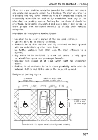 Objective ~ car parking should be provided for visitors, customers
and employees requiring access to a building. The main entrance to
a building and any other entrances used by employees should be
reasonably accessible on foot or by wheelchair from any of the
allocated car parking spaces. Parking for the disabled should be
prioritised, specifically designated and given larger bay areas to
allow people with restricted mobility to access their vehicles
unimpeded.
Provisions for designated parking spaces:
• Location to be clearly signed at the car park entrance.
• Specific bays to be clearly identified.
• Surfaces to be firm, durable and slip resistant on level ground
with no undulations greater than 5 mm.
• No further distance than 50 m from the main entrance to a
building.
• Bay width to be sufficient to allow car doors to fully open
for wheelchair space and passenger transfer.
• Dropped kerb access of at least 1.20 m width for wheelchair
access.
• Parking ticket machines to be in close proximity, with controls
between 0.75 m and 1.20 m above the adjacent ground.
Designated parking bays ~
standard
single bay
adjacent bays with
shared access space
dropped kerb
1.200 m min.
or flush edge
defined access space between designated parking
2.400 1.200 2.400 2.400
4.800
1.400
1.200
1.200
Access for the Disabled --- Parking
587
 