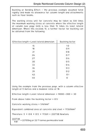 Buckling or Bending Effect † the previous example assumed total
rigidity and made no allowance for column length and attachments
such as floor beams.
The working stress unit for concrete may be taken as 0.8 times
the maximum working stress of concrete where the effective length
of column (see page 645) is less than 15 times its least lateral
dimension. Where this exceeds 15, a further factor for buckling can
be obtained from the following:
Using the example from the previous page, with a column effective
length of 9 metres and a modular ratio of 18:
Effective length ÷ Least lateral dimension = 9000 ÷ 300 = 30
From above table the buckling factor = 0„5
Concrete working stress = 5 N/mm2
Equivalent combined area of concrete and steel = 111369mm2
Therefore: 5 × 0„8 × 0„5 × 111369 = 222738 Newtons
222738
9:81
= 22705kg or 22„7 tonnes permissible load
Effective length ÷ Least lateral dimension Buckling factor
15 1„0
18 0„9
21 0„8
24 0„7
27 0„6
30 0„5
33 0„4
36 0„3
39 0„2
42 0„1
45 0
603
Simple Reinforced Concrete Column Design (2)
 