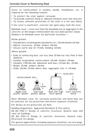 Cover to reinforcement in columns, beams, foundations, etc. is
required for the following reasons:
• To protect the steel against corrosion.
• To provide sufficient bond or adhesion between steel and concrete.
• To ensure sufficient protection of the steel in a fire (see Note).
If the cover is insufficient, concrete will spall away from the steel.
Minimum cover ~ never less than the maximum size of aggregate in the
concrete, or the largest reinforcement bar size (take greater value).
Guidance on minimum cover for particular locations ~
Below ground:
• Foundations,retainingwalls,basements,etc.,40 mm,binders25 mm.
• Marine structures, 65 mm, binders 50 mm.
• Uneven earth and fill 75 mm, blinding 40 mm.
Above ground:
• Ends of reinforcing bars, not less than 25 mm nor less than 2 × bar
diameter.
• Column longitudinal reinforcement 40 mm, binders 20 mm.
• Columns 190 mm min. dimension with bars 12 mm dia., 25 mm.
• Beams 25 mm, binders 20 mm.
• Slabs 20 mm (15 mm where max. aggregate size is 15 mm).
Note: Minimum cover for corrosion protection and bond may not
be sufficient for fire protection and severe exposure situations.
For details of fire protection see Refs.:
Building Regulations, Approved Document B: Fire safety.
BS EN 1992-1-1: Design of concrete structures. General rules and
rules for buildings.
BS EN 1992-1-2: Design of concrete structures. General rules.
Structural fire design.
For general applications, including exposure situations, see next page.
608
Concrete Cover to Reinforcing Steel
 