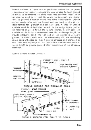 Ground Anchors ~ these are a particular application of post-
tensioning prestressing techniques and can be used to form ground
tie backs to cofferdams, retaining walls and basement walls. They
can also be used as vertical tie downs to basement and similar
slabs to prevent flotation during and after construction. Ground
anchors can be of a solid bar format (rock anchors) or of a wire or
cable format for granular and cohesive soils. A lined or unlined
borehole must be drilled into the soil to the design depth and at
the required angle to house the ground anchor. In clay soils the
borehole needs to be underreamed over the anchorage length to
provide adequate bond. The tail end of the anchor is pressure
grouted to form a bond with the surrounding soil, the remaining
length being unbonded so that it can be stressed and anchored at
head, thus inducing the prestress. The void around the unbonded or
elastic length is gravity grouted after completion of the stressing
operation.
627
Prestressed Concrete
 