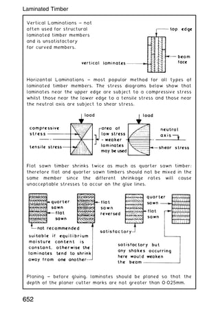 Vertical Laminations ~ not
often used for structural
laminated timber members
and is unsatisfactory
for curved members.
Horizontal Laminations ~ most popular method for all types of
laminated timber members. The stress diagrams below show that
laminates near the upper edge are subject to a compressive stress
whilst those near the lower edge to a tensile stress and those near
the neutral axis are subject to shear stress.
Flat sawn timber shrinks twice as much as quarter sawn timber;
therefore flat and quarter sawn timbers should not be mixed in the
same member since the different shrinkage rates will cause
unacceptable stresses to occur on the glue lines.
Planing ~ before gluing, laminates should be planed so that the
depth of the planer cutter marks are not greater than 0„025mm.
652
Laminated Timber
 