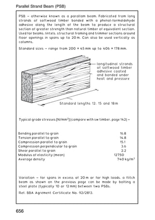 PSB ~ otherwise known as a parallam beam. Fabricated from long
strands of softwood timber bonded with a phenol-formaldehyde
adhesive along the length of the beam to produce a structural
section of greater strength than natural timber of equivalent section.
Used for beams, lintels, structural framing and trimmer sections around
floor openings in spans up to 20 m. Can also be used vertically as
columns.
Standard sizes ~ range from 200 × 45 mm up to 406 × 178 mm.
longitudinal strands
of softwood timber
adhesive coated
and bonded under
heat and pressure
Standard lengths 12, 15 and 18m
Typical grade stresses [N/mm2
] (compare with sw timber, page 142) ~
Variation ~ for spans in excess of 20 m or for high loads, a flitch
beam as shown on the previous page can be made by bolting a
steel plate (typically 10 or 12 mm) between two PSBs.
Ref. BBA Agr 
ement Certificate No. 92/2813.
Bending parallel to grain 16.8
Tension parallel to grain 14.8
Compression parallel to grain 15.1
Compression perpendicular to grain 3.6
Shear parallel to grain 2.2
Modulus of elasticity (mean) 12750
Average density 740 kg/m3
656
Parallel Strand Beam (PSB)
 
