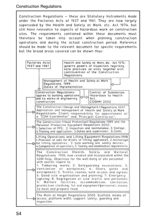 Construction Regulations ~ these are Statutory Instruments made
under the Factories Acts of 1937 and 1961. They are now largely
superseded by the Health and Safety at Work, etc. Act 1974, but
still have relevance to aspects of hazardous work on construction
sites. The requirements contained within these documents must
therefore be taken into account when planning construction
operations and during the actual construction period. Reference
should be made to the relevant document for specific requirements
but the broad areas covered can be shown thus:
54
Construction Regulations
 