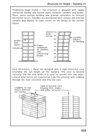 Traditional Rigid Frame ~ the structure is designed with rigidly
connected welded and bolted joints between columns and beams.
These joints sustain bending and provide resistance to lateral/
horizontal forces. Columns are positioned quite closely and internal
columns may impose to some extent on the design of the interior
layout.
lateral
wind
forces
frame
composed
of columns
and
connecting
beams
beams
and
floors
columns
columns
subject
to bending
Core Structures ~ these are designed with a rigid structural core
extending the full height of the building. The core is located
centrally and the void within it is used to contain lifts and stairs.
Lateral wind forces are transferred from the external wall cladding
through the floor structure and into the core.
cladding to top
floors omitted
for clarity
rigid structural core
housing lifts, stairs
and other services
659
Structures for Height -- Systems (1)
 