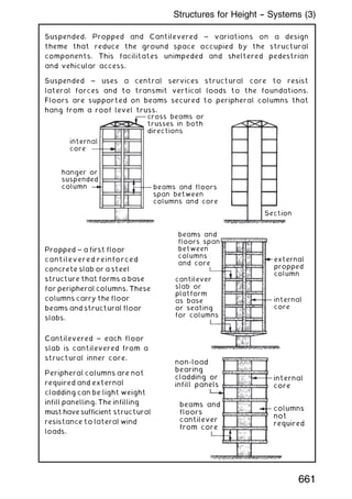 Suspended, Propped and Cantilevered ~ variations on a design
theme that reduce the ground space occupied by the structural
components. This facilitates unimpeded and sheltered pedestrian
and vehicular access.
Suspended ~ uses a central services structural core to resist
lateral forces and to transmit vertical loads to the foundations.
Floors are supported on beams secured to peripheral columns that
hang from a roof level truss.
cross beams or
trusses in both
directions
beams and floors
span between
columns and core
Section
internal
core
hanger or
suspended
column
Propped ~ a first floor
cantilevered reinforced
concrete slab or a steel
structure that forms a base
for peripheral columns. These
columns carry the floor
beams and structural floor
slabs.
beams and
floors span
between
columns
and core
cantilever
slab or
platform
as base
or seating
for columns
external
propped
column
internal
core
Cantilevered ~ each floor
slab is cantilevered from a
structural inner core.
Peripheral columns are not
required and external
cladding can be light weight
infill panelling. The infilling
must have sufficient structural
resistance to lateral wind
loads.
internal
core
columns
not
required
beams and
floors
cantilever
from core
non-load
bearing
cladding or
infill panels
661
Structures for Height -- Systems (3)
 