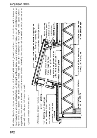 Monitor
Roofs
~
these
are
basically
a
flat
roof
with
raised
glazed
portions
called
monitors
which
forms
a
roof
having
a
uniform
distribution
of
daylight
with
no
solar
glare
problems
irrespective
of
orientation
and
a
roof
with
easy
access
for
maintenance.
These
roofs
can
be
constructed
with
light
long
span
girders
supporting
the
monitor
frames,
cranked
welded
beams
following
the
profile
of
the
roof
or
they
can
be
of
a
precast
concrete
portal
frame
format.
672
Long Span Roofs
 