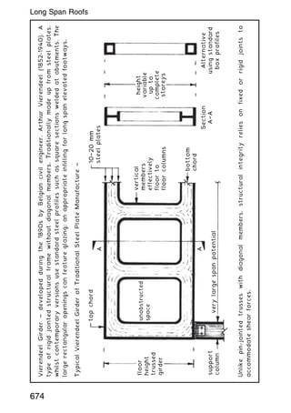 Vierendeel
Girder
~
developed
during
the
1890s
by
Belgian
civil
engineer,
Arthur
Vierendeel
(1852-1940).
A
type
of
rigid
jointed
structural
frame
without
diagonal
members.
Traditionally
made
up
from
steel
plates,
whilst
contemporary
versions
use
standard
steel
profiles
such
as
square
sections
welded
at
abutments.
The
large
rectangular
openings
can
feature
glazing;
an
appropriate
infilling
for
long
span
elevated
footways.
Typical
Vierendeel
Girder
of
Traditional
Steel
Plate
Manufacture
~
top
chord
bottom
chord
10†20
mm
steel
plates
Section
A†A
Alternative
using
standard
box
profiles
height
variable
up
to
complete
storeys
vertical
members
effectively
floor
to
floor
columns
support
column
very
large
span
potential
floor
height
trussed
girder
unobstructed
space
A
A
Unlike
pin-jointed
trusses
with
diagonal
members,
structural
integrity
relies
on
fixed
or
rigid
joints
to
accommodate
shear
forces.
674
Long Span Roofs
 