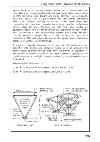 Space Deck ~ a roofing system based on a combination of
repetitive inverted pyramidal units to give large clear spans of up
to 22m for single span designs and up to 33m for two-way spans.
Each unit consists of a square frame of steel angles connected
with steel tubular bracing to a cast steel apex boss. The
connecting boss has four threaded holes to receive horizontal high
tensile steel tie bars. Threads are left and right handed at
opposing ends of the tie bar to match corresponding threads in the
boss. As the bar is rotated both ends tighten into a boss. Tie bars
can be varied in length to alter the spacing of apex boss
connectors. This will induce tension in the upper frame forming a
camber for surface water drainage.
Assembly ~ usually transported to site as individual units for
assembly into beams and complete space deck at ground level
before crane hoisting into position onto the perimeter supports. A
lightweight insulated structural roof deck system is appropriate in
combination with rooflights mounted directly onto individual units
if required.
Standard Unit Dimensions ~
1.2 m × 1.2 m on plan with depths of 750 mm or 1.2 m.
1.5 m × 1.5 m on plan with depths of 1.2 m or 1.5 m.
1200 mm square
750
or
1200
mm
4 tubular
diagonals
welded to
tray and
boss
high
tensile
steel
tie bar
apex boss
STANDARD UNIT DECK ASSEMBLY
apex boss
diagonal
bracing
tie bars with
opposing
threads
steel angles
forming tray
inverted pyramidal
units bolted together
679
Long Span Roofs -- Space Grid Structures
 