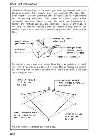 Hyperbolic Paraboloids ~ the true hyperbolic paraboloid shell roof
shape is generated by moving a vertical parabola (the generator)
over another vertical parabola (the directrix) set at right angles
to the moving parabola. This forms a saddle shape where
horizontal sections taken through the roof are hyperbolic in
format and vertical sections are parabolic. The resultant shape is
not very suitable for roofing purposes; therefore only part of the
saddle shape is used and this is formed by joining the centre points
thus:
To obtain a more practical shape than the true saddle a straight
line limited hyperbolic paraboloid is used. This is formed by raising
or lowering one or more corners of a square forming a warped
parallelogram thus:
NB. For further examples see next page.
688
Shell Roof Construction
 
