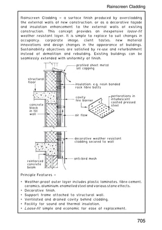 Rainscreen Cladding ~ a surface finish produced by overcladding
the external walls of new construction, or as a decorative façade
and insulation enhancement to the external walls of existing
construction. This concept provides an inexpensive loose-fit
weather resistant layer. It is simple to replace to suit changes in
occupancy, corporate image, client tastes, new material
innovations and design changes in the appearance of buildings.
Sustainability objectives are satisfied by re-use and refurbishment
instead of demolition and rebuilding. Existing buildings can be
seamlessly extended with uniformity of finish.
profiled sheet metal
sill capping
insulation, e.g. resin bonded
rock fibre batts
air flow
cavity
fire barrier
perforations in
intumescent
coated pressed
steel
decorative weather resistant
cladding secured to wall
anti-bird mesh
reinforced
concrete
beam
concrete
block
in fill
wall
structural
floor
Principle Features ~
* Weather-proof outer layer includes plastic laminates, fibre-cement,
ceramics, aluminium, enamelled steel and various stone effects.
* Decorative finish.
* Support frame attached to structural wall.
* Ventilated and drained cavity behind cladding.
* Facility for sound and thermal insulation.
* Loose-fit simple and economic for ease of replacement.
705
Rainscreen Cladding
 
