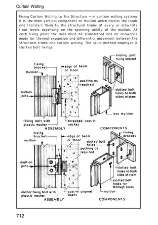 Fixing Curtain Walling to the Structure ~ in curtain walling systems
it is the main vertical component or mullion which carries the loads
and transfers them to the structural frame at every or alternate
floor levels depending on the spanning ability of the mullion. At
each fixing point the load must be transferred and an allowance
made for thermal expansion and differential movement between the
structural frame and curtain walling. The usual method employed is
slotted bolt fixings.
712
Curtain Walling
 