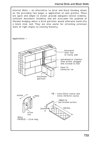 Internal Walls ~ an alternative to brick and block bonding shown
on the preceding two pages is application of wall profiles. These
are quick and simple to install, provide adequate lateral stability,
sufficient movement flexibility and will overcome the problem of
thermal bridging where a brick partition would otherwise bond into
a block inner leaf. They are also useful for attaching extension
walls at right angles to existing masonry.
733
Internal Brick and Block Walls
 