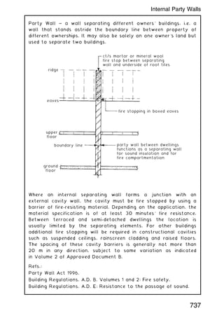 Party Wall ~ a wall separating different owners' buildings, i.e. a
wall that stands astride the boundary line between property of
different ownerships. It may also be solely on one owner's land but
used to separate two buildings.
ridge
eaves
upper
floor
boundary line
ground
floor
party wall between dwellings
functions as a separating wall
for sound insulation and for
fire compartmentation
fire stopping in boxed eaves
ct/s mortar or mineral wool
fire stop between separating
wall and underside of roof tiles
Where an internal separating wall forms a junction with an
external cavity wall, the cavity must be fire stopped by using a
barrier of fire-resisting material. Depending on the application, the
material specification is of at least 30 minutes' fire resistance.
Between terraced and semi-detached dwellings the location is
usually limited by the separating elements. For other buildings
additional fire stopping will be required in constructional cavities
such as suspended ceilings, rainscreen cladding and raised floors.
The spacing of these cavity barriers is generally not more than
20 m in any direction, subject to some variation as indicated
in Volume 2 of Approved Document B.
Refs.:
Party Wall Act 1996.
Building Regulations, A.D. B, Volumes 1 and 2: Fire safety.
Building Regulations, A.D. E: Resistance to the passage of sound.
737
Internal Party Walls
 