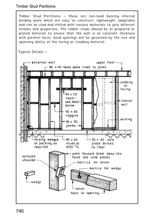 Timber Stud Partitions ~ these are non-load bearing internal
dividing walls which are easy to construct, lightweight, adaptable
and can be clad and infilled with various materials to give different
finishes and properties. The timber studs should be of prepared or
planed material to ensure that the wall is of constant thickness
with parallel faces. Stud spacings will be governed by the size and
spanning ability of the facing or cladding material.
740
Timber Stud Partitions
 