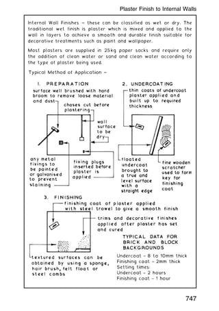 Internal Wall Finishes ~ these can be classified as wet or dry. The
traditional wet finish is plaster which is mixed and applied to the
wall in layers to achieve a smooth and durable finish suitable for
decorative treatments such as paint and wallpaper.
Most plasters are supplied in 25 kg paper sacks and require only
the addition of clean water or sand and clean water according to
the type of plaster being used.
747
Plaster Finish to Internal Walls
 