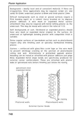 Background ~ ideally level and of consistent material. If there are
irregularities, three applications may be required; render (ct. and
sand) 10†12 mm, undercoat plaster 6†8 mm and finish plaster 2 mm.
Difficult backgrounds such as steel or glazed surfaces require a
PVA bonding agent or a cement slurry brushed on to improve
plaster adhesion. A wire mesh or expanded metal surface
attachment may also be required with metal lathing plaster as the
undercoat. This may be mixed with sand in the ratio of 1 : 1.5.
Soft backgrounds of cork, fibreboard or expanded plastics should
have wire mesh or expanded metal stapled to the surface. An
undercoat of lightweight bonding plaster with compatible finish is
suitable.
Dense regular surfaces of low-medium suction such as plasterboard
require only one finishing coat of specially formulated finishing
plaster.
Corners ~ reinforced with glass-fibre scrim tape or fine wire mesh
to prevent shrinkage cracking at the junction of plasterboard
ceiling and wall. Alternatively a preformed gypsum plaster
moulding can be nailed or attached with plaster adhesive (see page
844). Expanded metal angle beads are specifically produced for
external corner reinforcement. These are attached with plaster
dabs or galvanised nails before finishing just below the nosing.
galvanised steel
expanded metal
Plastered walls Plasterboard walls
nosing
External Corner Beads
748
Plaster Application
 