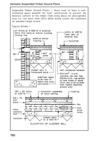 Suspended Timber Ground Floors ~ these need to have a well-
ventilated space beneath the floor construction to prevent the
moisture content of the timber from rising above an unacceptable
level (i.e. not more than 20%) which would create the conditions
for possible fungal attack.
760
Domestic Suspended Timber Ground Floors
 