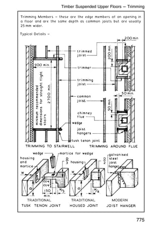 Trimming Members ~ these are the edge members of an opening in
a floor and are the same depth as common joists but are usually
25 mm wider.
775
Timber Suspended Upper Floors --- Trimming
 