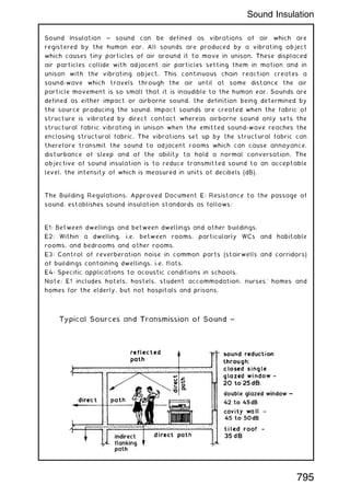 Sound Insulation ~ sound can be defined as vibrations of air which are
registered by the human ear. All sounds are produced by a vibrating object
which causes tiny particles of air around it to move in unison. These displaced
air particles collide with adjacent air particles setting them in motion and in
unison with the vibrating object. This continuous chain reaction creates a
sound-wave which travels through the air until at some distance the air
particle movement is so small that it is inaudible to the human ear. Sounds are
defined as either impact or airborne sound, the definition being determined by
the source producing the sound. Impact sounds are created when the fabric of
structure is vibrated by direct contact whereas airborne sound only sets the
structural fabric vibrating in unison when the emitted sound-wave reaches the
enclosing structural fabric. The vibrations set up by the structural fabric can
therefore transmit the sound to adjacent rooms which can cause annoyance,
disturbance of sleep and of the ability to hold a normal conversation. The
objective of sound insulation is to reduce transmitted sound to an acceptable
level, the intensity of which is measured in units of decibels (dB).
The Building Regulations, Approved Document E: Resistance to the passage of
sound, establishes sound insulation standards as follows:
E1: Between dwellings and between dwellings and other buildings.
E2: Within a dwelling, i.e. between rooms, particularly WCs and habitable
rooms, and bedrooms and other rooms.
E3: Control of reverberation noise in common parts (stairwells and corridors)
of buildings containing dwellings, i.e. flats.
E4: Specific applications to acoustic conditions in schools.
Note: E1 includes hotels, hostels, student accommodation, nurses' homes and
homes for the elderly, but not hospitals and prisons.
795
Sound Insulation
 