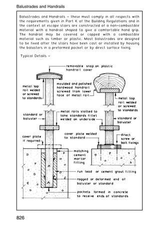 Balustrades and Handrails ~ these must comply in all respects with
the requirements given in Part K of the Building Regulations and in
the context of escape stairs are constructed of a non†combustible
material with a handrail shaped to give a comfortable hand grip.
The handrail may be covered or capped with a combustible
material such as timber or plastic. Most balustrades are designed
to be fixed after the stairs have been cast or installed by housing
the balusters in a preformed pocket or by direct surface fixing.
826
Balustrades and Handrails
 